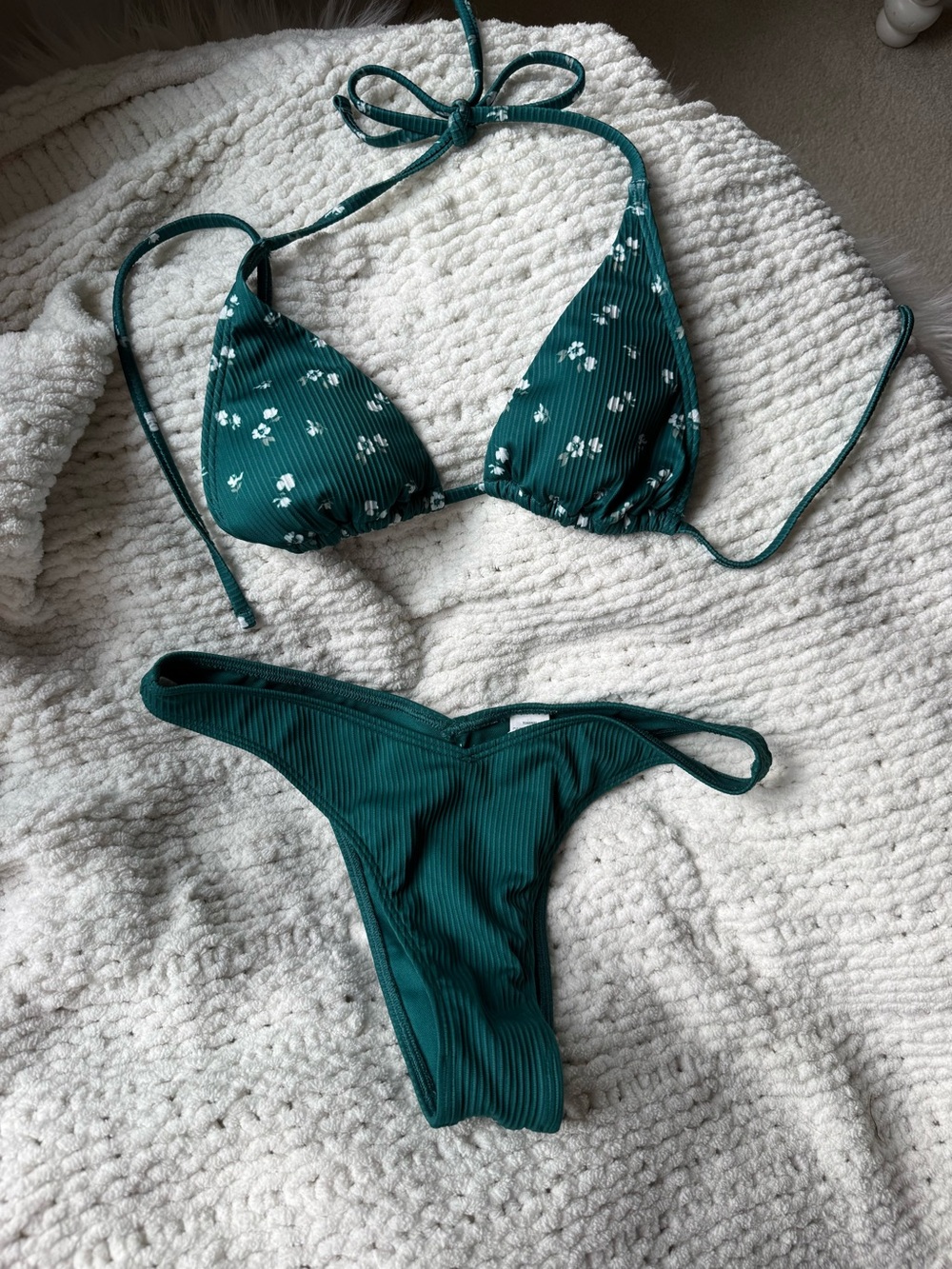 Green Floral Ribbed Triangle Bikini Set - Hollister